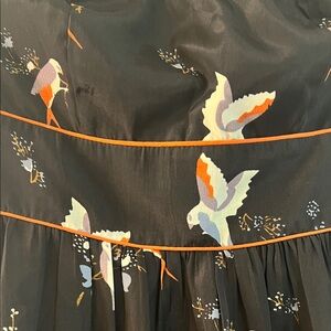 American Rag Black Strapless Dress with Beautiful Bird Print & Rust Accents